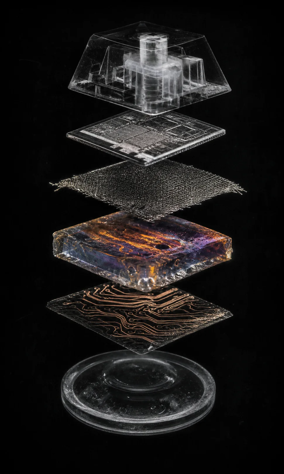 Separated material layers revealing the internal structure of the input relic